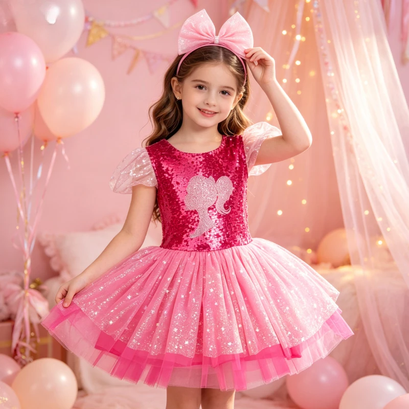Glitter Mesh Doll Character Layered Tutu Dress Toddler Sweet Princess Outfit Ideal for School Holiday Birthday Celebration Wear