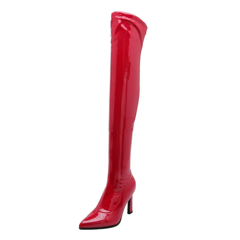 Sexy patent leather knee-high boots with pointy toe  high heel  thin heel  side zipper  thigh skinny boots