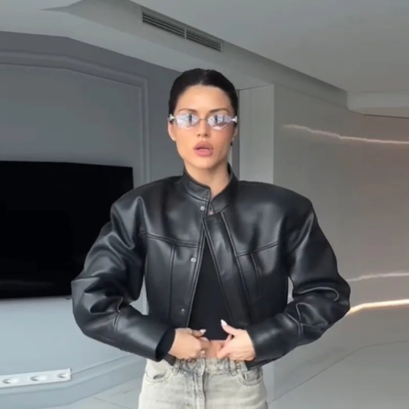 

Street PU Leather Women's Jacket Retro Casual Slim Stand Collar Long Sleeve Button Cropped Coat 2025 Autumn New Loose Women Coat