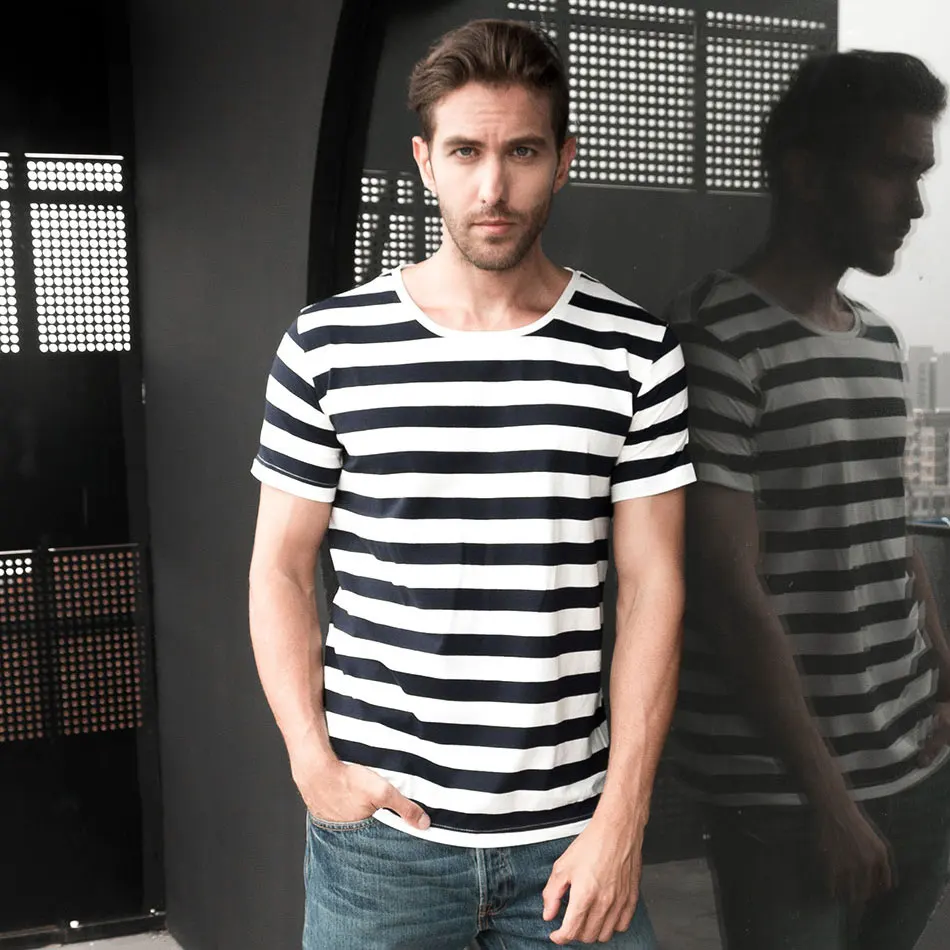 Zecmos Navy Striped Sailor T-Shirt Men Summer Black And White Striped Loose T Shirt Men Horizontal Sea Style