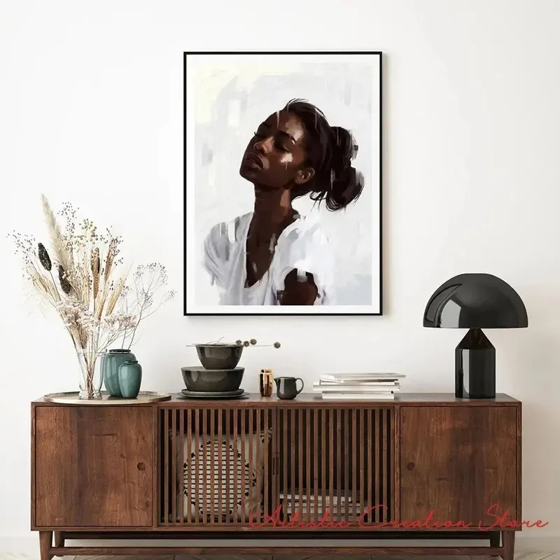 Beautiful Black Women Posters African American with Flower Art Canvas Painting Print Picture Living Room Wall Home Decor