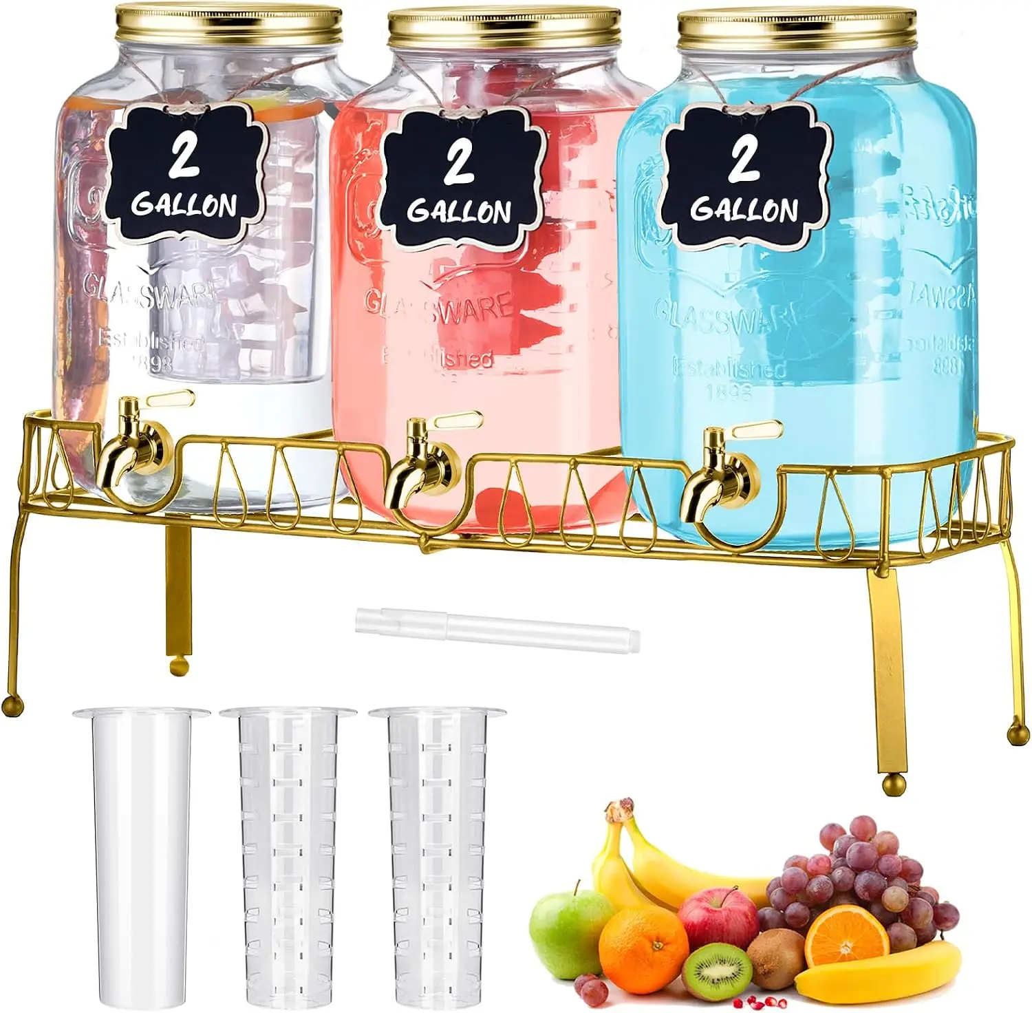 3 Pcs 2 Gallon Glass Drink Dispenser with Stand and Lid Mason Jar Beverage Dispenser with Stainless Steel Spigot, Hanging Chalkboard Signs, (Gold)