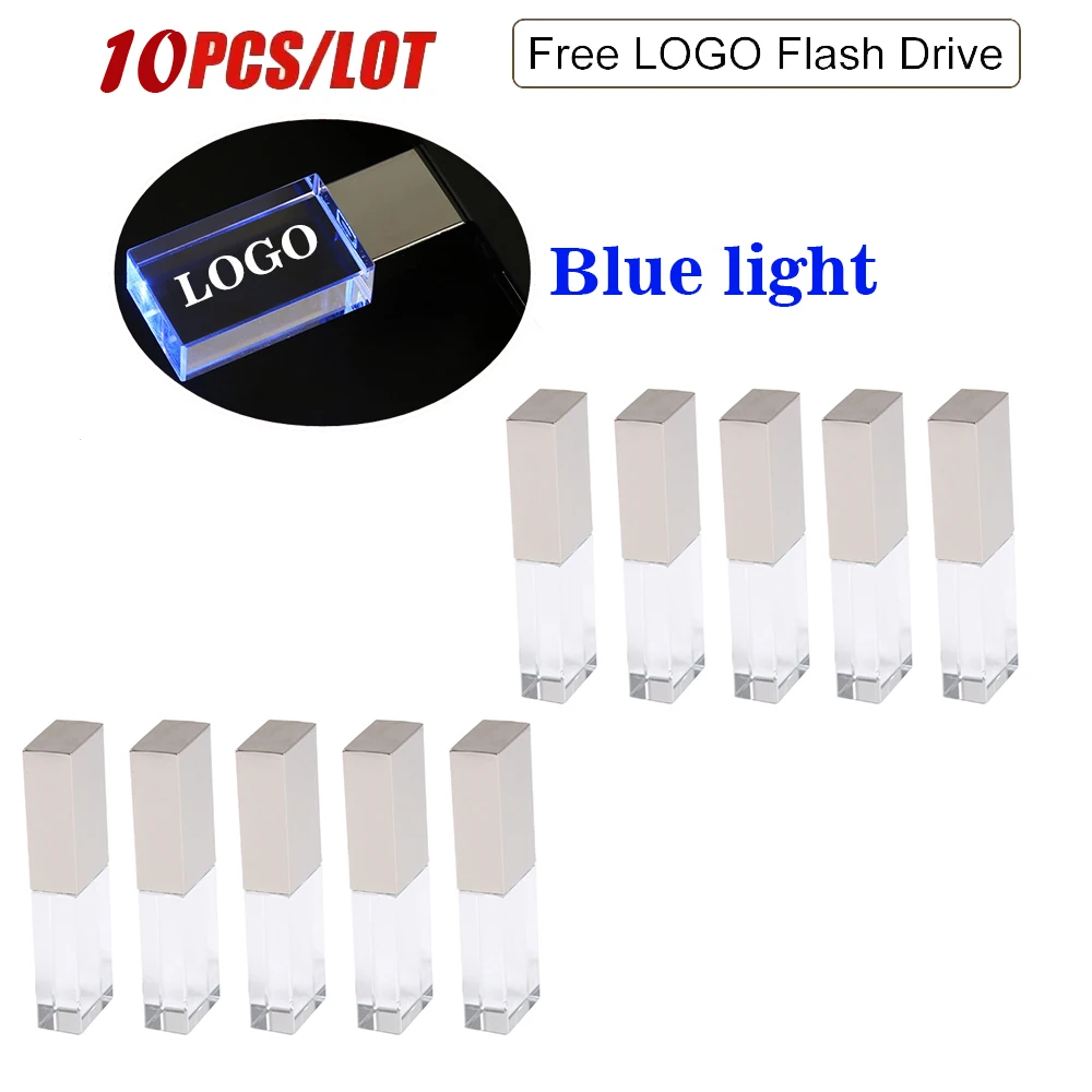 10PCS/LOT Silvery Crystal USB Flash Drive 128GB Memory stick High Speed Pen drive U disk With LED Light Wedding Gifts Free logo