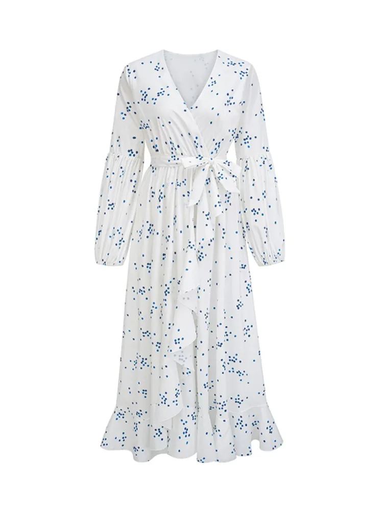 Lemongor Women's Blue Polka Dot High Split Ruffled Maxi Dress Puff Sleeves V Neck High Waisted Tied Waist Evening Long Dresses