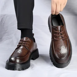 Men's Fashion Genuine Leather British Style Thick Bottom Work Shoes Classic Lace Up Comfortable Anti Slip Big Head Leather Shoes