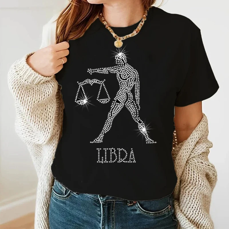 

Summer Rhinestone Libra Graphic Unisex T-Shirt Oversized Casual Tees Women Short Sleeve Stitch Tops Campus Female Clothing Y2k