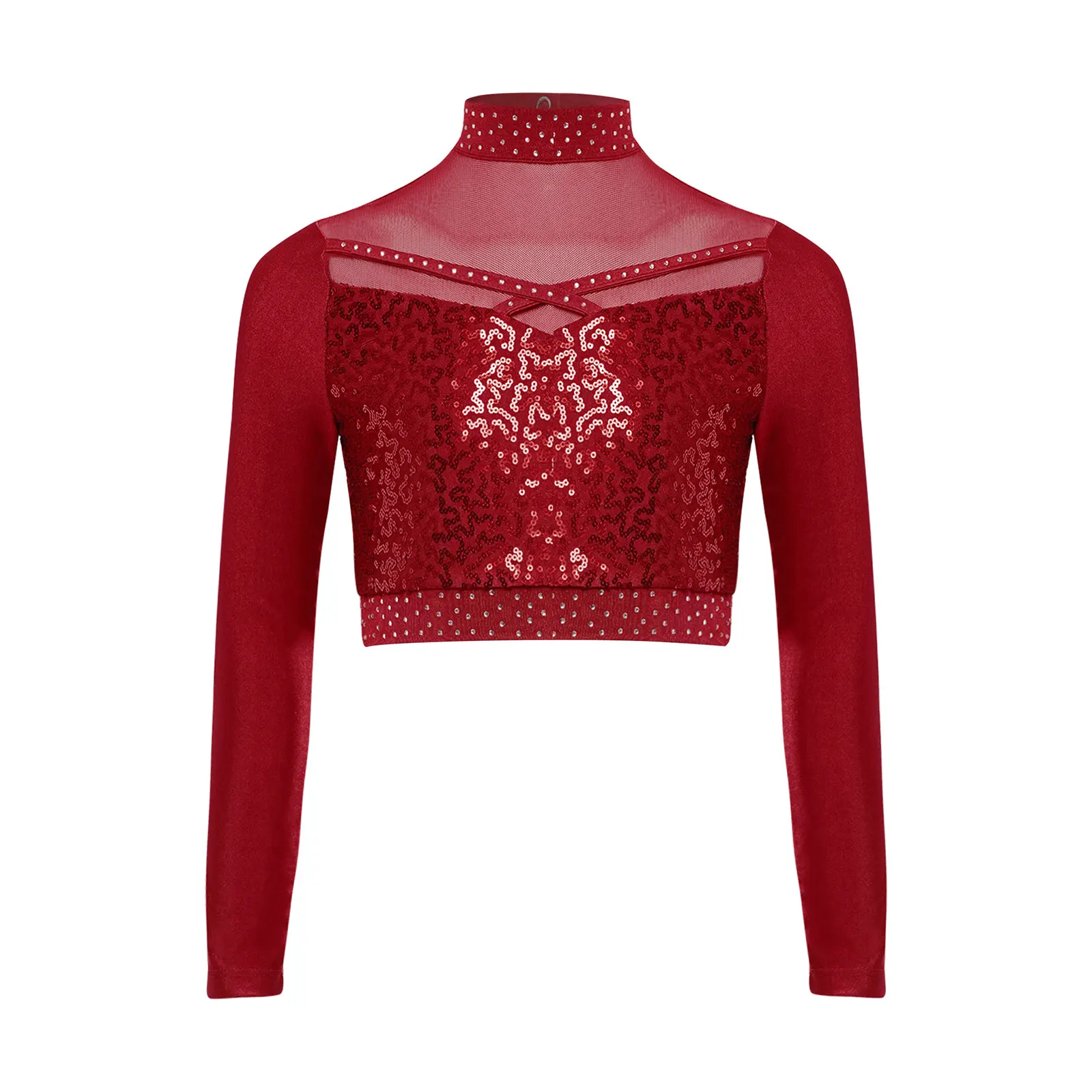 Kids Girls Shiny Sequin Jazz Hip Hop Street Dance Crop Top Long Sleeve Sheer Mesh Tops for Ballet Gymnastics Skating Performance