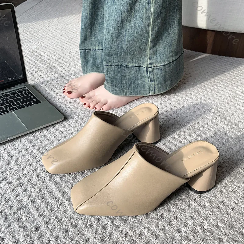 Comemore Baotou Half Slippers Women Square Head High Heels Shoes Fashion Outside Wear Thick Heel Solid Color Mules Slides Shoes