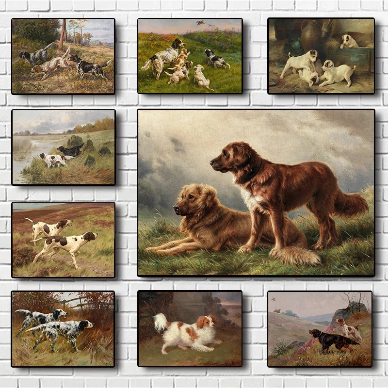 2D Flat ,Frameless,Vintage Dog Portrait Print Poster Setters Foxhound Spaniel Collie Canvas Painting Farmhouse Pet Wall Art Pict