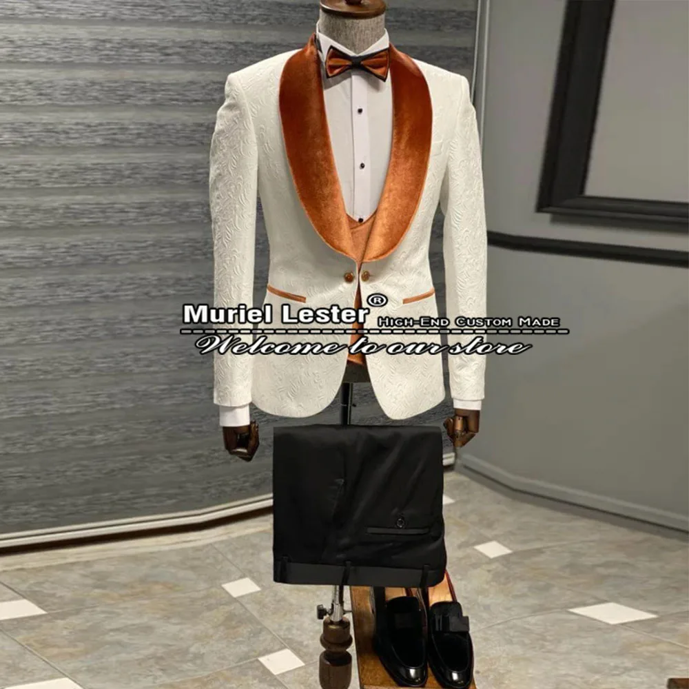 

Elegant Wedding Suits For Men 3 Pièces Jacket Vest Pants Groom Tuxedos Custom Made Velvet Jacquard Prom Blazer Male Party Dress