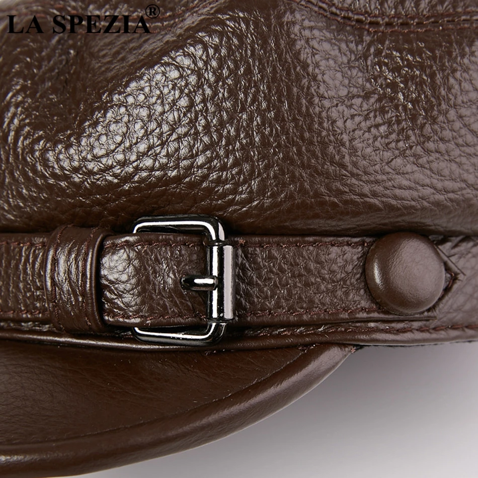 LA SPEZIA 2024 Brand Military Hat Sailor Men Brown Genuine Cow Leather Winter Baker Boy Caps Male Belt Top Quality Captain Hat