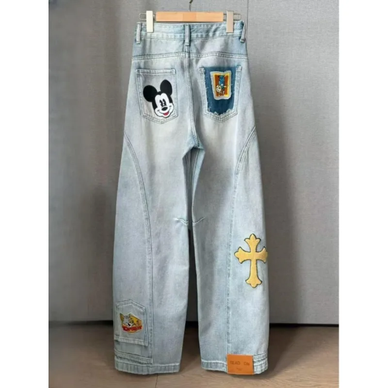 

Early Spring New Arrival Mickey Embroidery Denim Machete Pants Plus Size Pear-shaped Friendly Loose Stylish Slim Fit Trousers