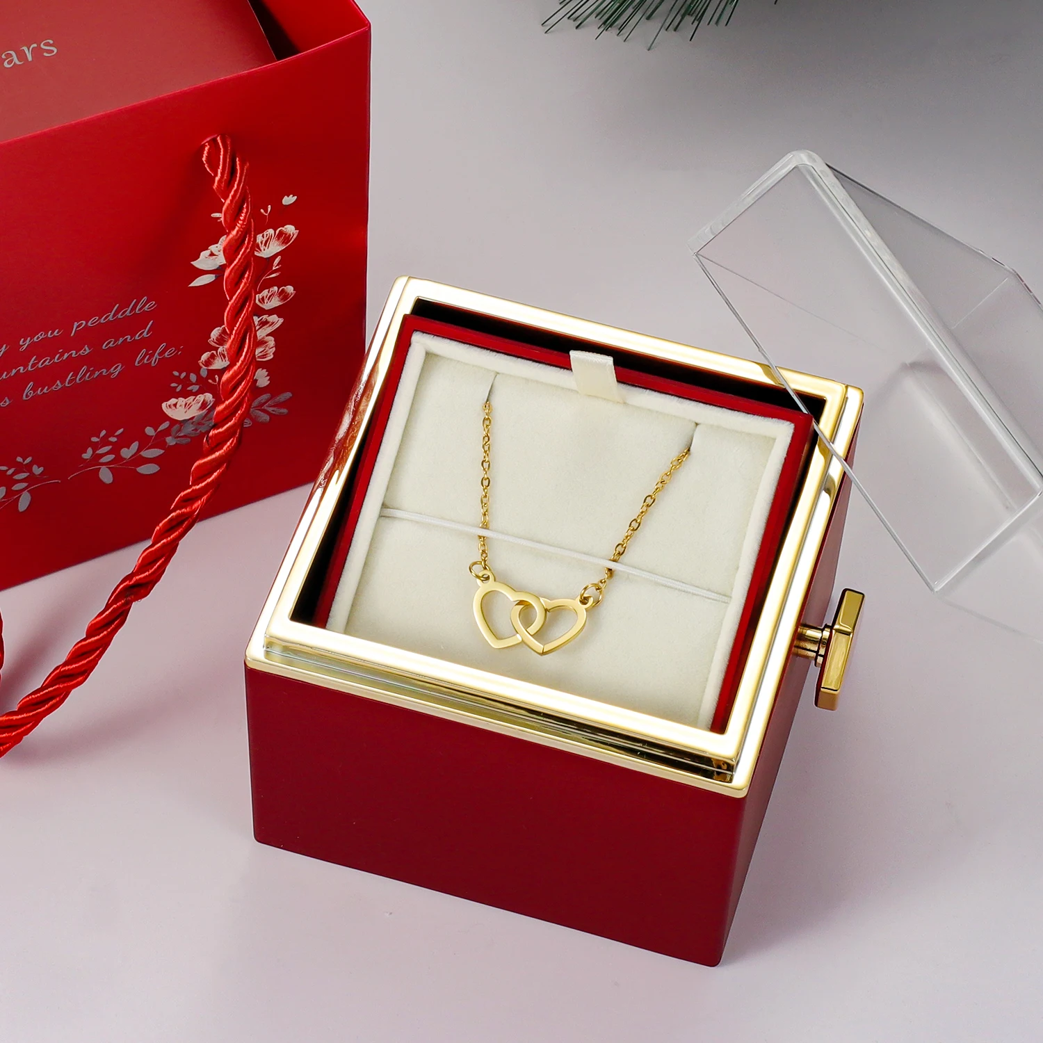 Eternal Rose Box With Heart Necklace Rotating Rose Flower Rose Creative Rotating Rose Jewelry Box Mother's Day Gift For Women