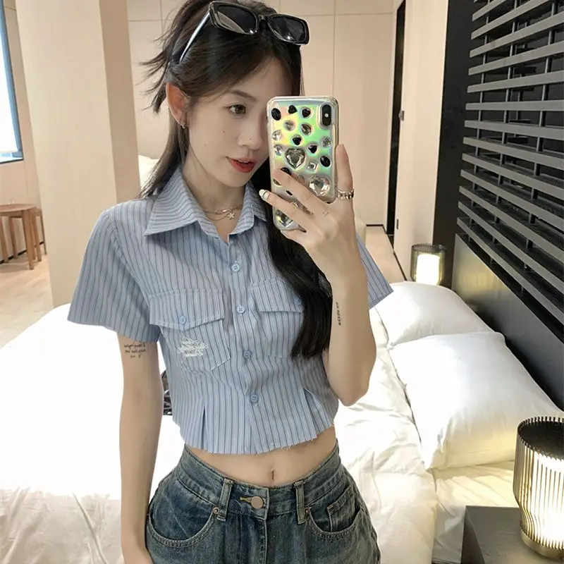 

Cropped Striped Shirts Women Preppy Style Hotsweet Summer College Aesthetic Clothing Slim All-match Casual Turn-down Collar New