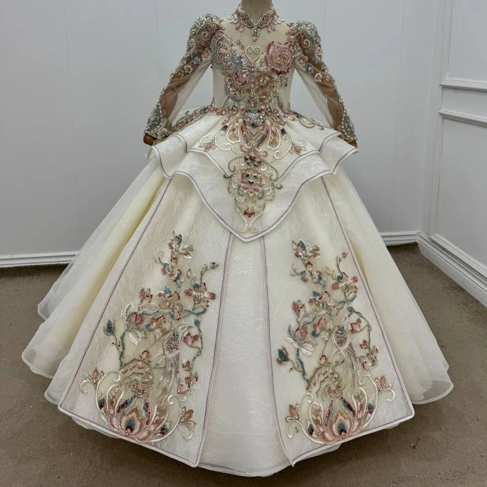 Customized Kids Flower Girl Dress With Turtle Long Sleeve Beaded Embroidery Floor Length Wedding Gown For Birthday