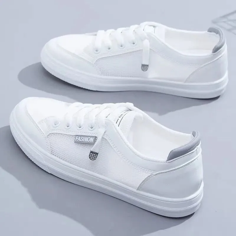 2023 Women Sneakers Vulcanize Shoes Spring Autumn Breathable Flats Solid Color Mesh Shoes Young Woman Casual White Shoes