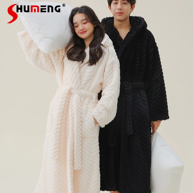 

Winter Fleece Warm Sleep Robe for Women Autumn Thickened Couples Pajamas Female Fleece Hooded Loungewear Bathrobe
