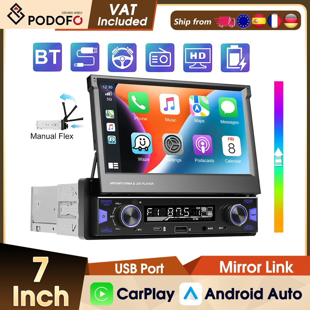 Podofo 7'' 1 DIN Manuell Einziehbarer Bildschirm Auto-Multimedia-Player Kabelloses Carplay Android Auto Autoradio Bluetooth FM