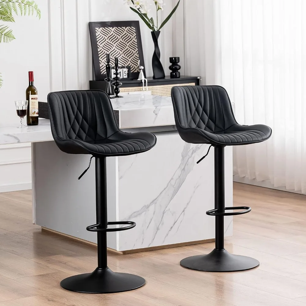 Black Bar Stools Set of 2 Adjustable Swivel Modern  Luxury Upholstered Faux Leather Counter Height Metal Chairs for Home Kitchen