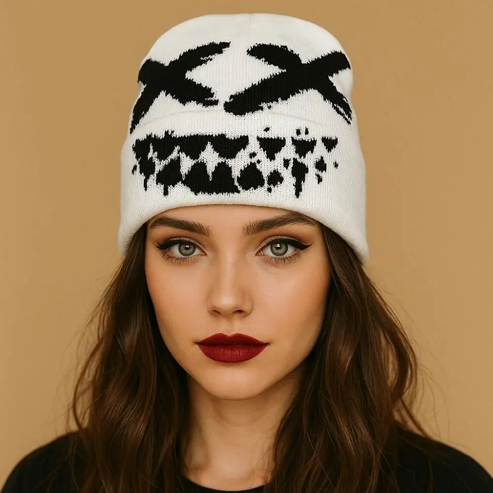

Elastic Y2K Knitted Hat Halloween Streetwear Jacquard Woolen Hat Headgear Korean Style Black White Pullover Cap Winter