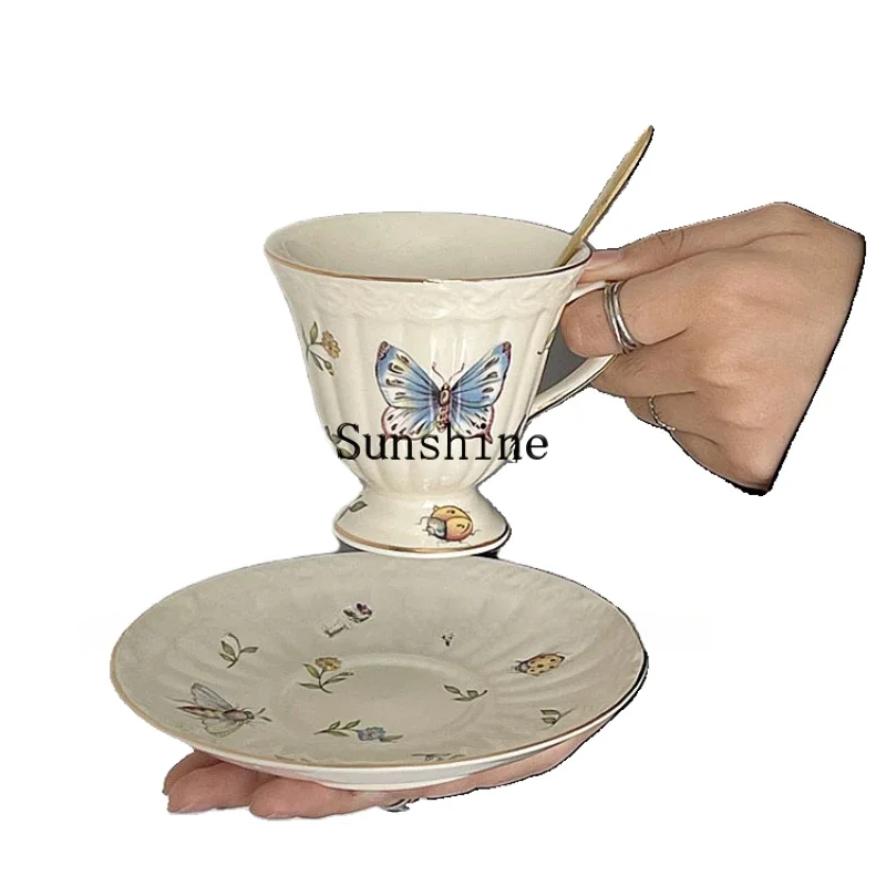 French retro insect dragonfly butterfly small floral ceramic afternoon tea cup and saucer set