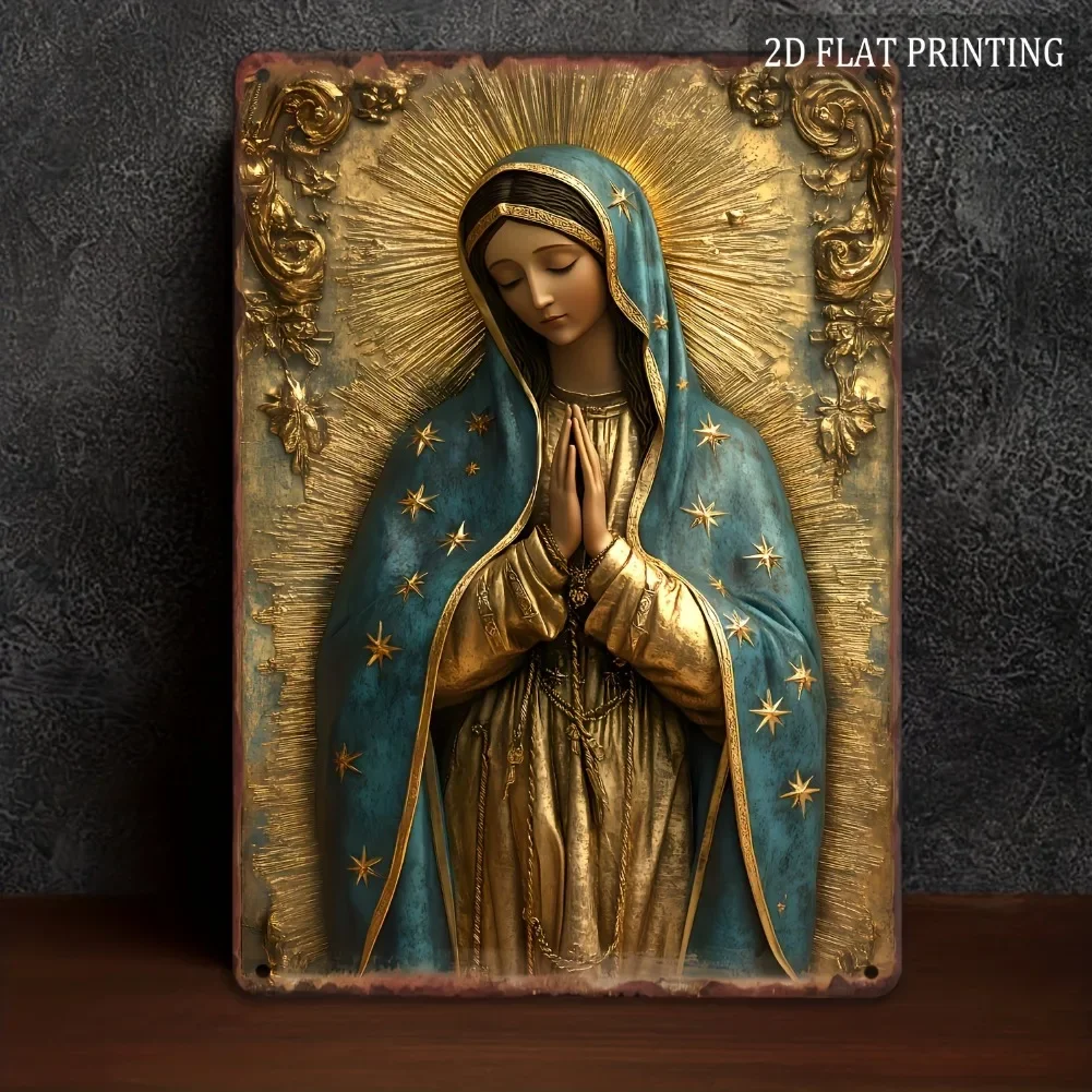 Arte de pared de aluminio Vintage de 8x12 pulgadas, placa Retro española de la Virgen María de Guadalupe, Halo dorado y estrellas, estilo bohemio para el hogar, 1 ud.