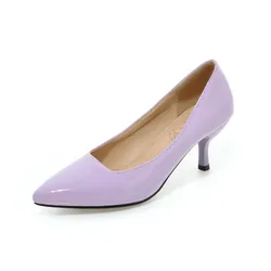 Femme błyszcząca skóra pompy z szyciem 6cm Med kocie obcasy buty Null szpilki Pointy Toe Slip-Ons fioletowy zielony czerwony 28cm 32-48