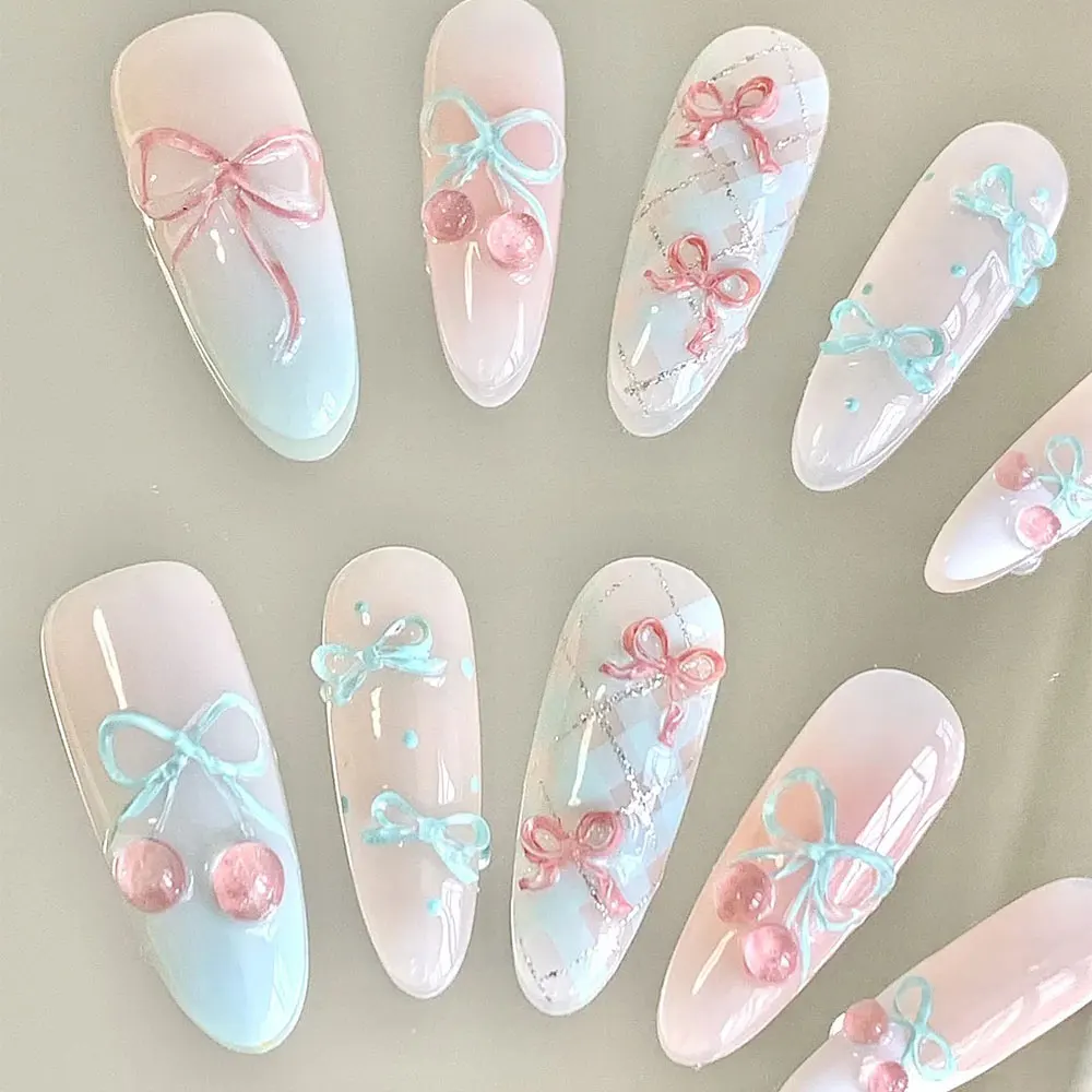 1 szt. Naklejki na paznokcie 5D z kokardką wiśniową, różowo-białe, samoprzylepne naklejki do zdobienia paznokci, wysokiej jakości naklejki do manicure