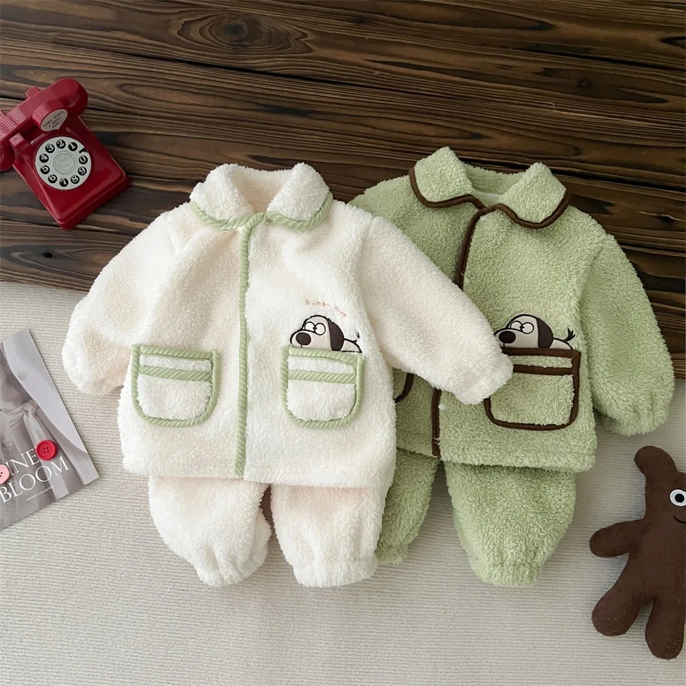 

2024 winter new in infant baby boys thicken warm clothing set 2pcs,toddler kids cartoon dog pocket top jacket+pants 0-3Y