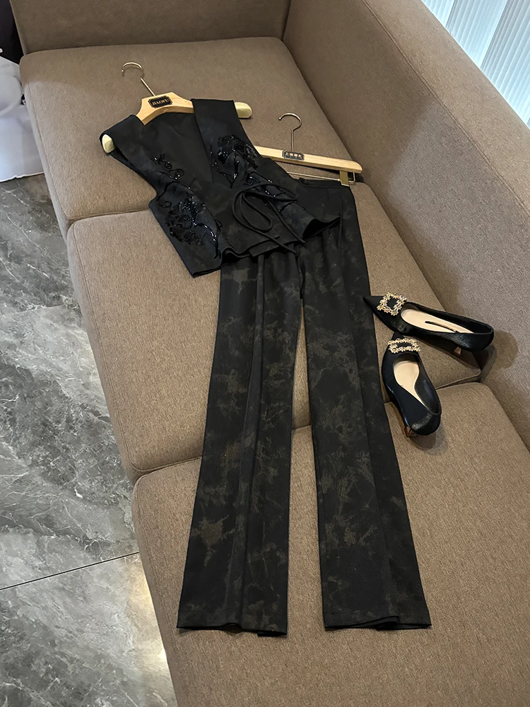 

Модный комплект широких брюк для поездок на работу с вышитым жилетом iny Tead, комплект из двух предметов, высококачественный комплект Ele Nail Diamond