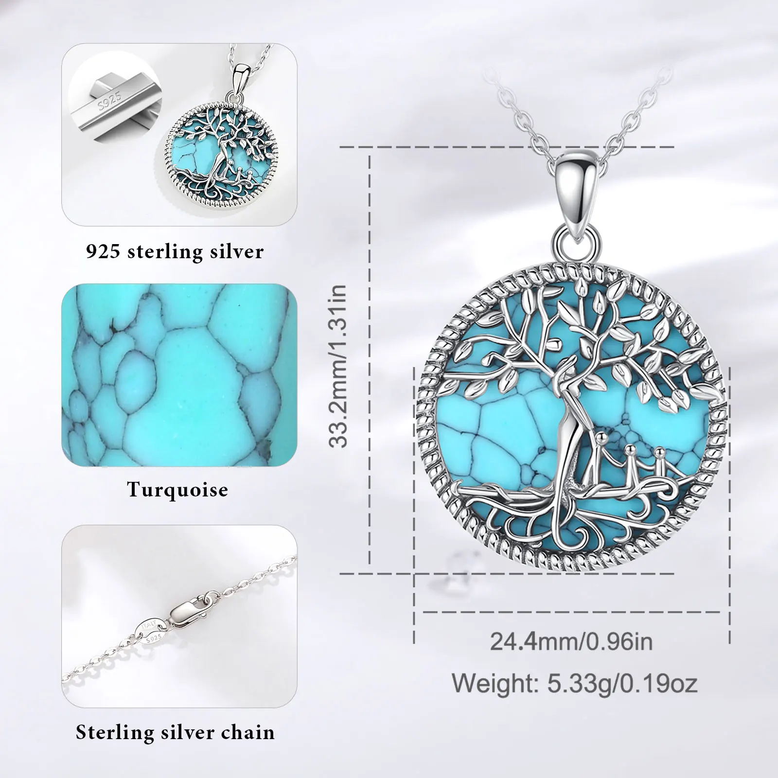 Eudora 925 Sterling Silver Tree of Life Necklace Turquoise Mother and Three Child Pendant Jewelry Mother's Day Gift for Women