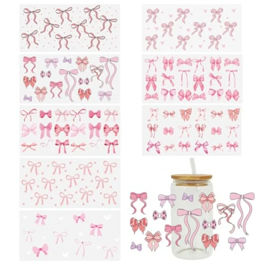 8 Sheets Bow Theme UV DTF Cup Wrap Transfer for Glass Cups Bow Stickers Rub on Transfers for Crafts Waterproof Transfer Sticker