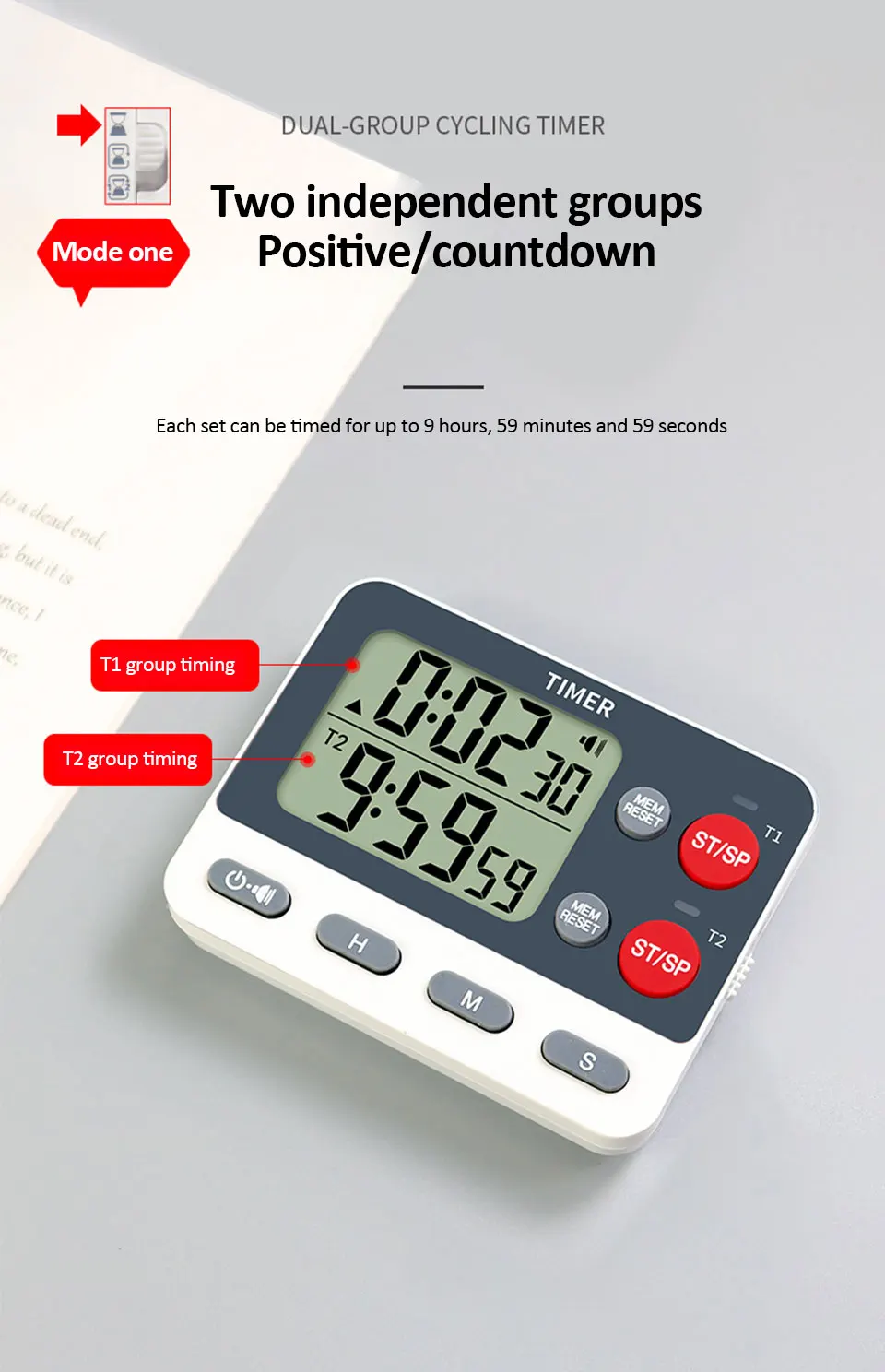 Digitaler Dual-Küchentimer mit magnetischer Rückseite und Speicher-Voreinstellungen, 2 Gruppen Countdown/Up Stoppuhr-Timer zum Kochen, Backen – Detail 3