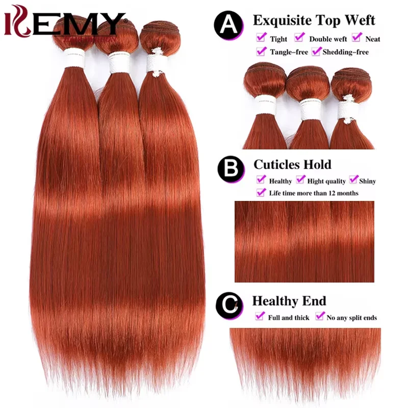 Straight Hair Bundles With Closure Ginger Orange Color 100% Human Hair Weave Bundles With Closure Brazilian Remy Hair Extension