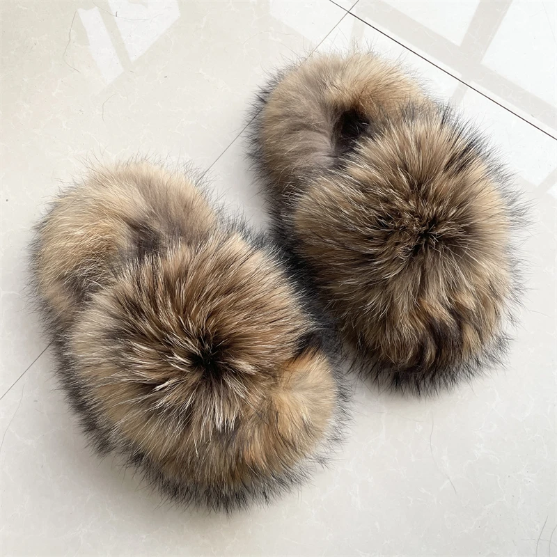 PVC Real Fluffy Raccoon Brown Multicolour Teddy Fur Slides 2.0 Fox Fur Slippers Y2k Cover Toes