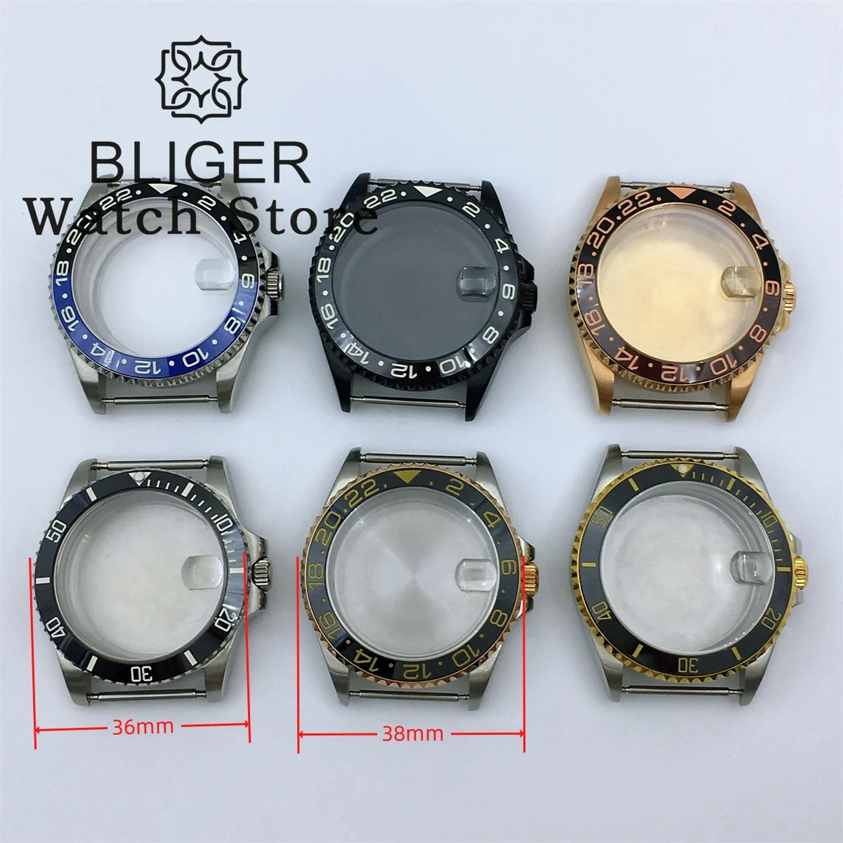 

BLIGER 36mm 38mm Sapphire Glass Diver Watch Case Silver black rose gold Fit NH34 NH35 NH36 ETA2824 PT5000 Movement screw crown