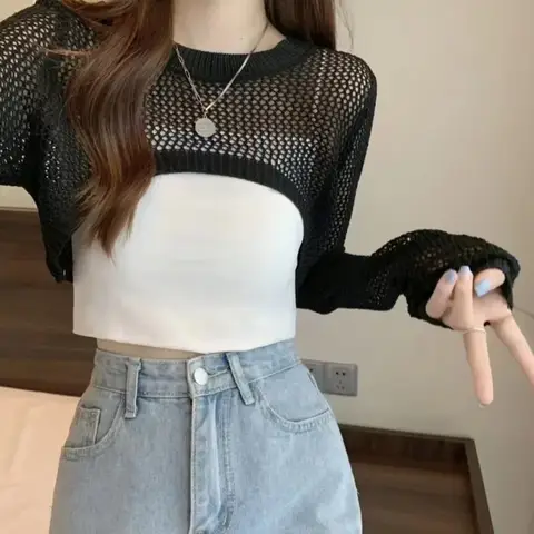 여성 Y2k 크로 셰 뜨개질 니트 속이 빈 자르기 탑 긴 플레어 슬리브 어깨 걸이 스웨터 메쉬 커버 업 카디건 streetwear