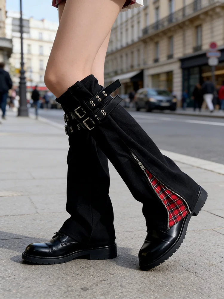 PBAP Two Ways Belted Denim Leg Warmers Trendy Plaid Patchwork Zipper Black Knee Long Boots Cover Punk Vintage Woman Streetwear