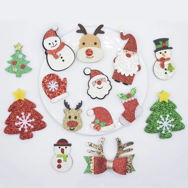 10/20Pcs Padded Applique Santa Claus Snowman Hat Gloves Socks Elk Tree for DIY Christmas Hair Clips Bow Accessories Decor