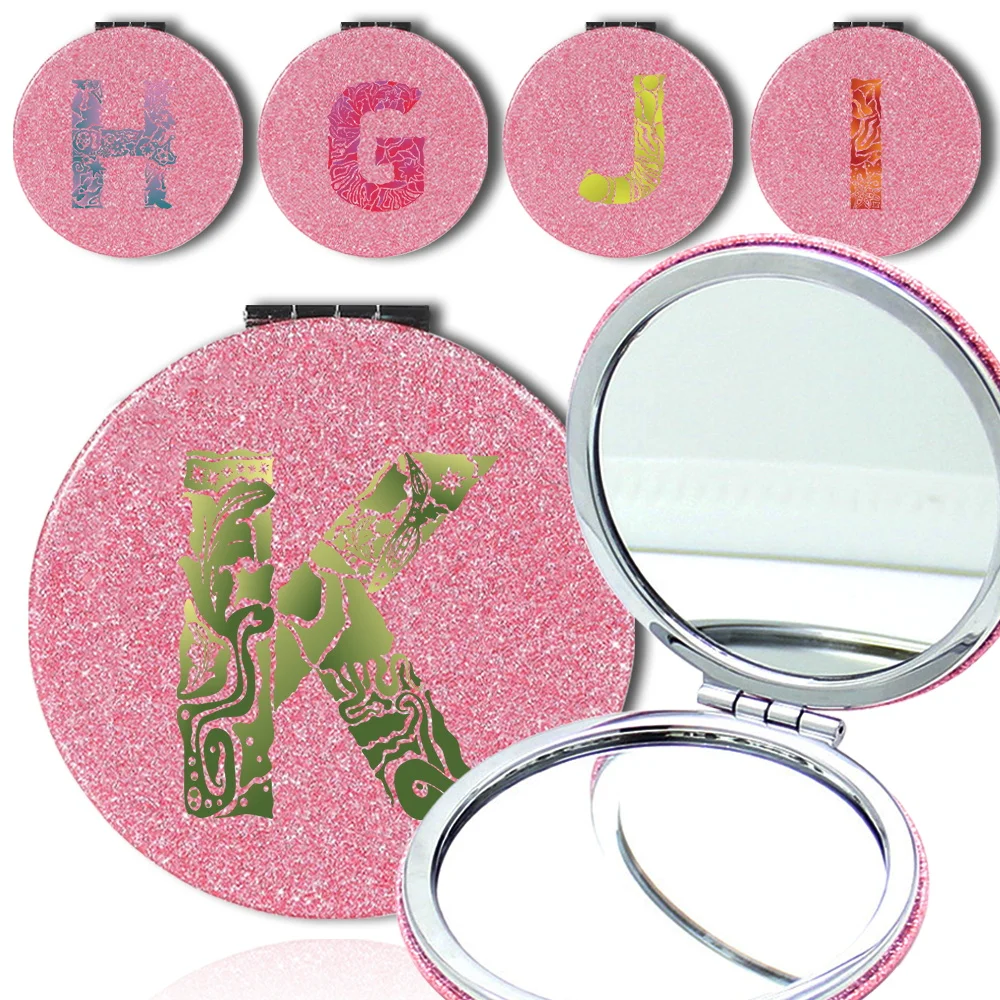 Portable PU Double Sided Makeup Mirror Pocket Handheld Mirror Magnifying Daily Beauty Cosmetic Tool Engrave Image Letter Pattern