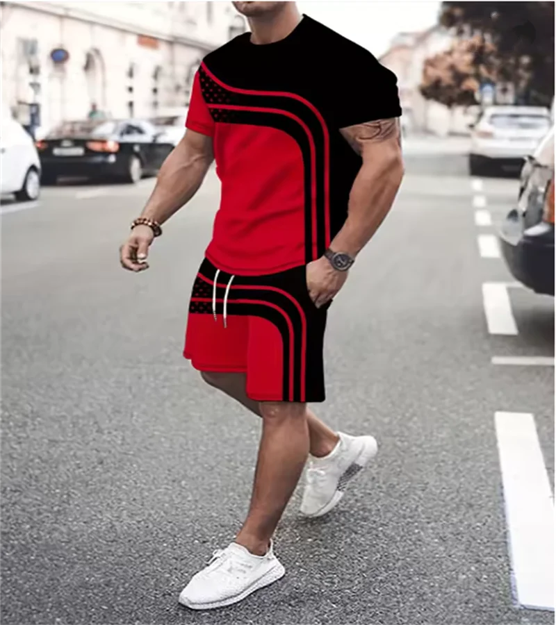 

Summer Fashion Men's Suit Casual Beach Shorts Set 3D Print Stripe Short Sleeve T Shirt Round Neck 2 Piece Outfits Man Clothing