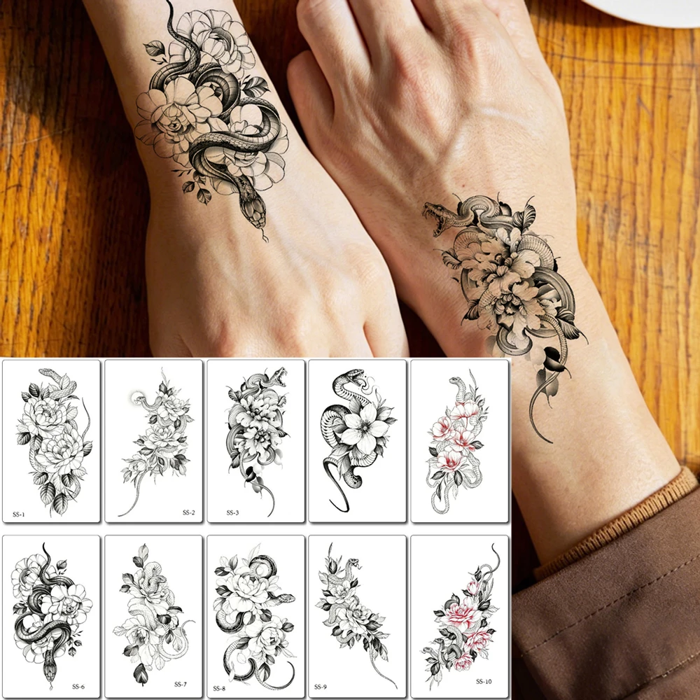 10pcs Snake Pattern Hand Tattoo Waterproof Flower Temporary Tattoos for Women Body Art Water-resist Tattoo Sticker for Men