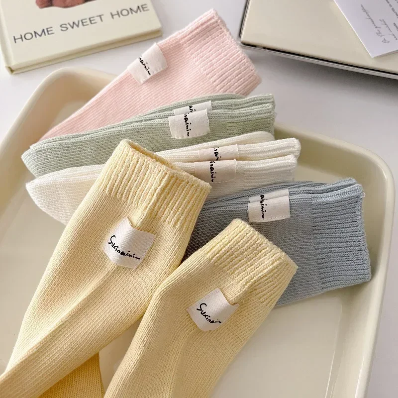 Autumn Winter Women Socks Korean Japanese Fashion Solid Color Black White Gray Middle Tube Socks Women Cotton Knitted Long Socks