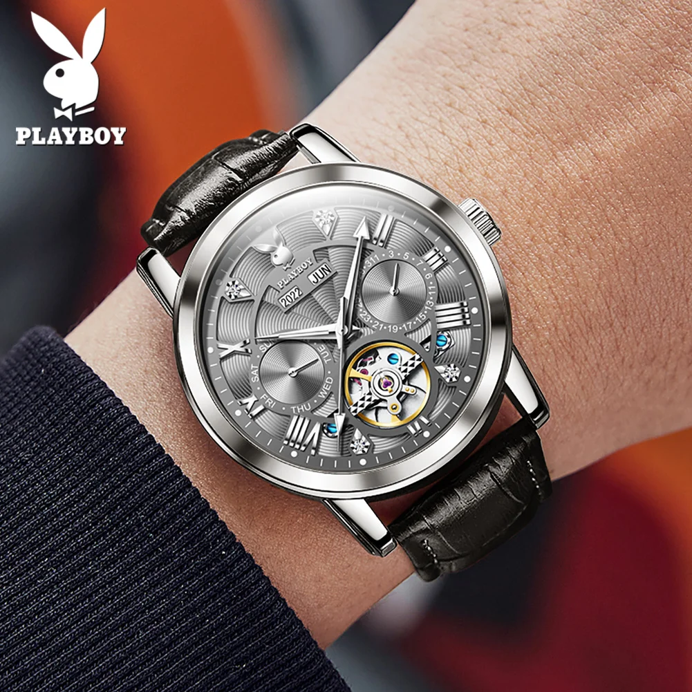 PLAYBOY Luxury Fashion Man Automatic Watch Leather Strap Business Waterproof Watches for Men Original Mechanical Wrist Watch Men