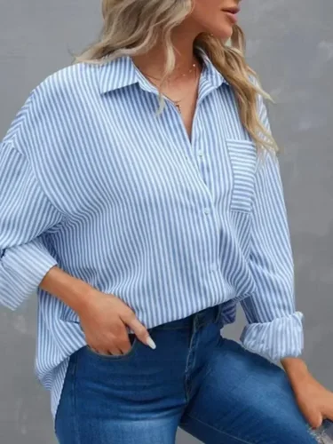 Imagen 2 del producto Camisa de talla grande para mujer, novedad de verano 20225, blusa informal holgada con bolsillo para mujer, blusa de trabajo clásica a rayas de manga larga, ropa