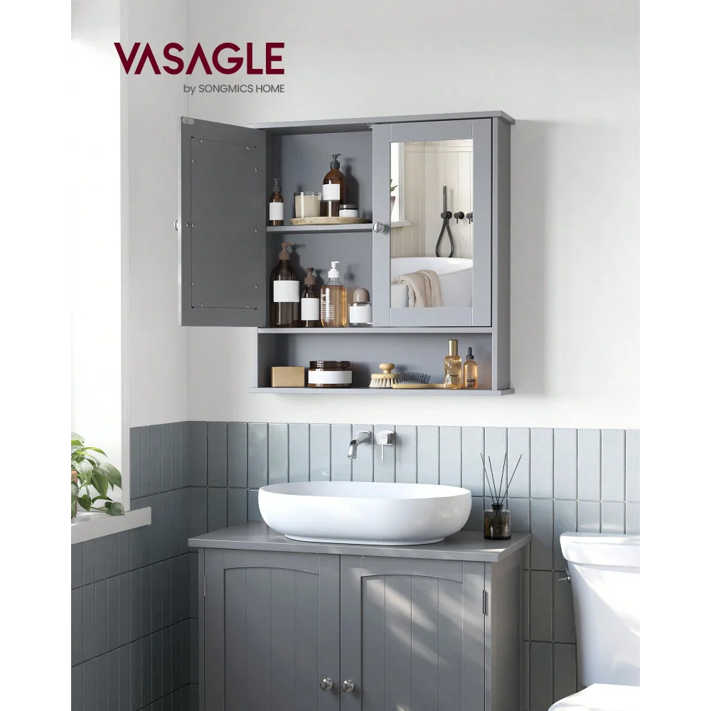 

VASAGLE Bathroom Cabinet With Mirror, Wall Cabinet With 2 Mirrored Doors, Adjustable Shelf, Open Compartment, Wall-Mounted, 5.1