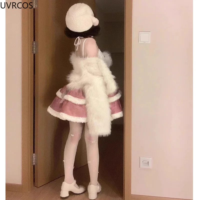 Pink Elegant Retro Two Piece Set Women Sweet Plush Coat Kawaii Bow Mini Dress Suit Female Korean Fashion Lolita Party Skirt Sets