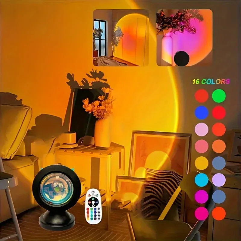 Mini Sunset Lamp 16 Colors  Projection Lamp with Remote Control  Dimmable Sun Lamp for Photography Selfie Home and Bedroom Decor