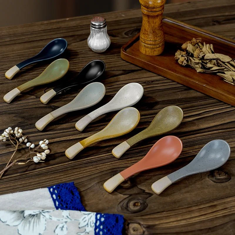1Pc Retro Two-Color Ceramic Soup Spoon Japanese-Style Coarse Pottery Rice Spoon Multi-Color Household Dining Spoon Kitchen Tableware