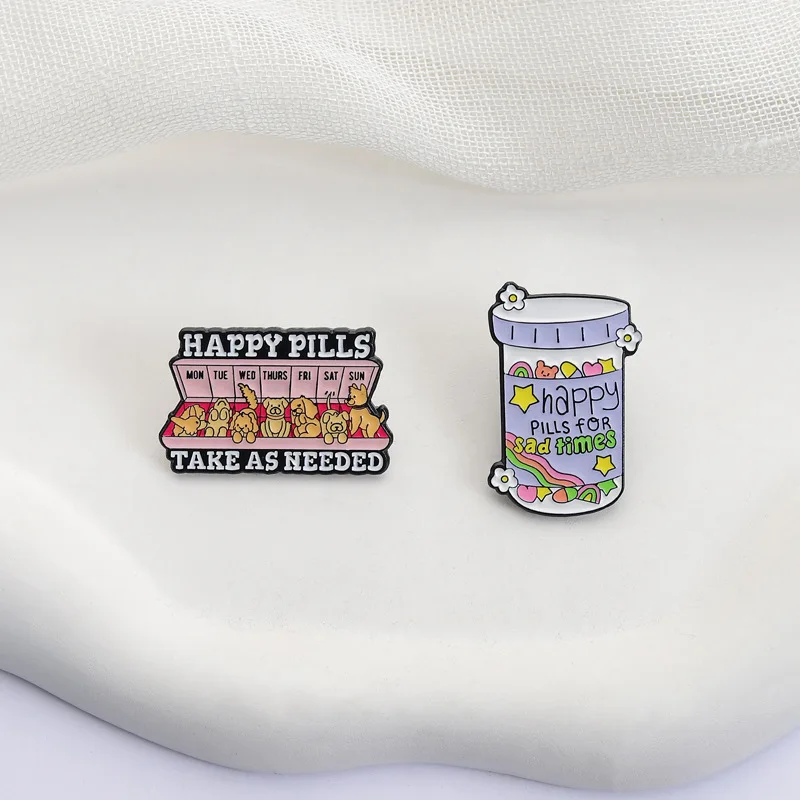 2Pcs Happy Pills Enamel Pins Cute Puppy Weekly Pill Box Happy Pills Bottle Brooches Mental Health Lapel Badges Jewelry Gift